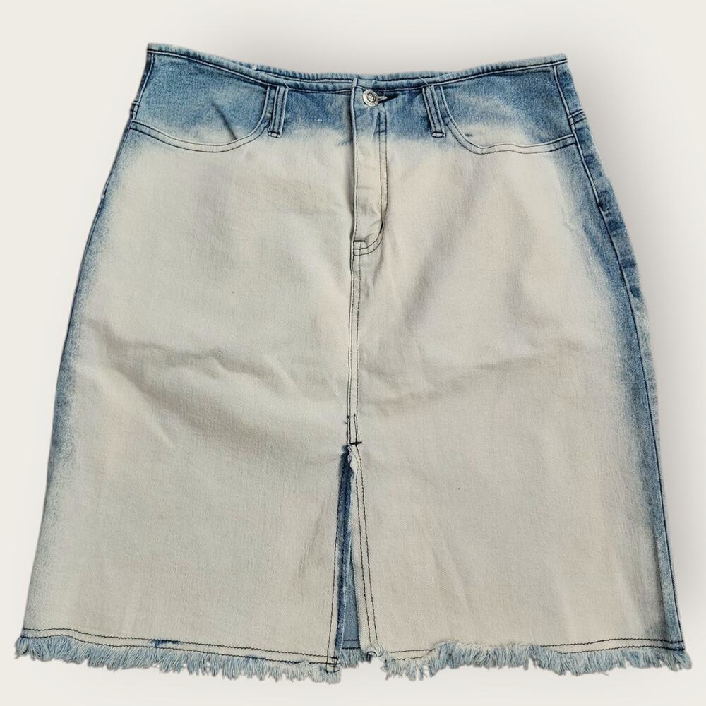 Younique Jean Skirt Juniors Sz 11 Bleached, Straight, Slit, Midi, Frayed Hem Y2K